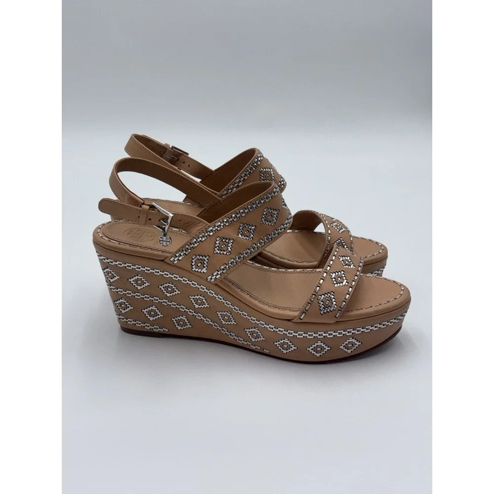 Tory Burch Reena Wedge‎ Sandals Womens 9.5M Tan Leather Embroidered Platform